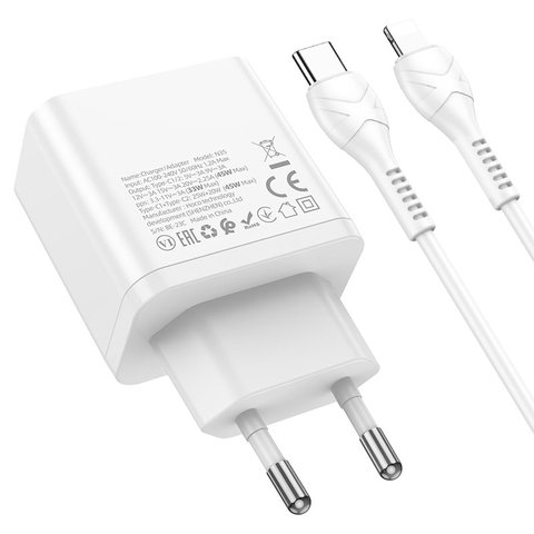 Сетевое зарядное устройство Hoco N35, 45 Вт, Power Delivery (PD), белый, c кабелем USB тип-C к Lightning для Apple, 2 порта, #6931474797223 Превью 1