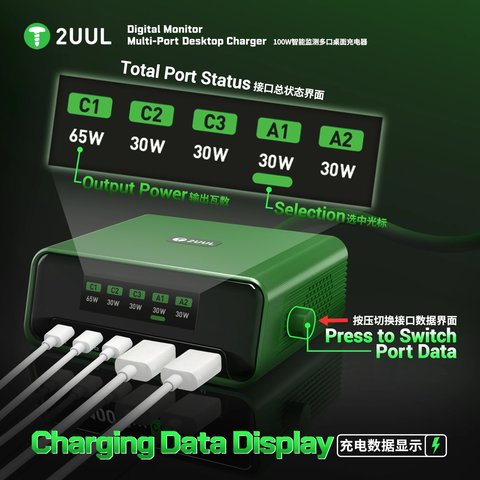 Мережевий зарядний пристрій 2UUL PC12, 100 Вт, Quick Charge, Power Delivery (PD), 5 портів Прев'ю 2