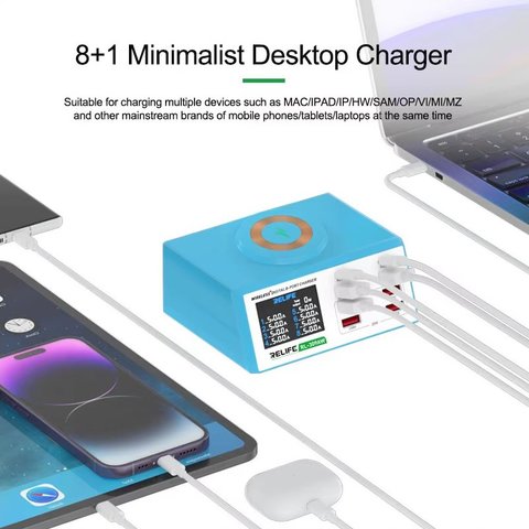 Adaptador de red RELIFE RL-309AW, 100 W, Quick Charge, Power Delivery (PD), con cargador inalámbrico, 8 puertos Vista previa  3